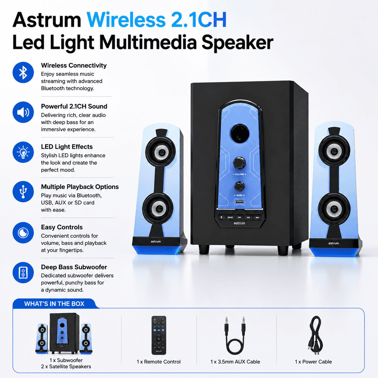 Astrum Wireless 2.1CH Led Light Multimedia Speaker - Image 2