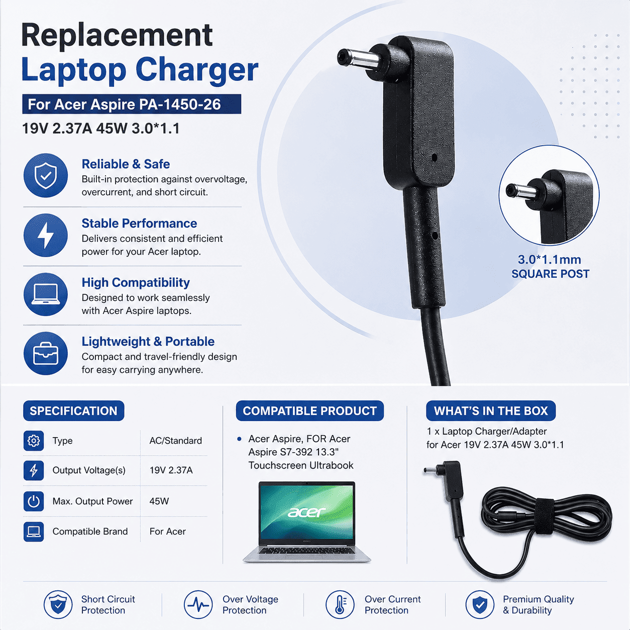 Acer 19V 2.37A 45W (3.0*1.1mm) Replacement Charger - Image 2