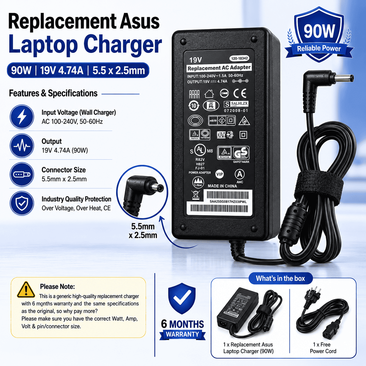 Asus 90W 19V 4.74A (5.5 x 2.5mm) Replacement Charger - Image 2