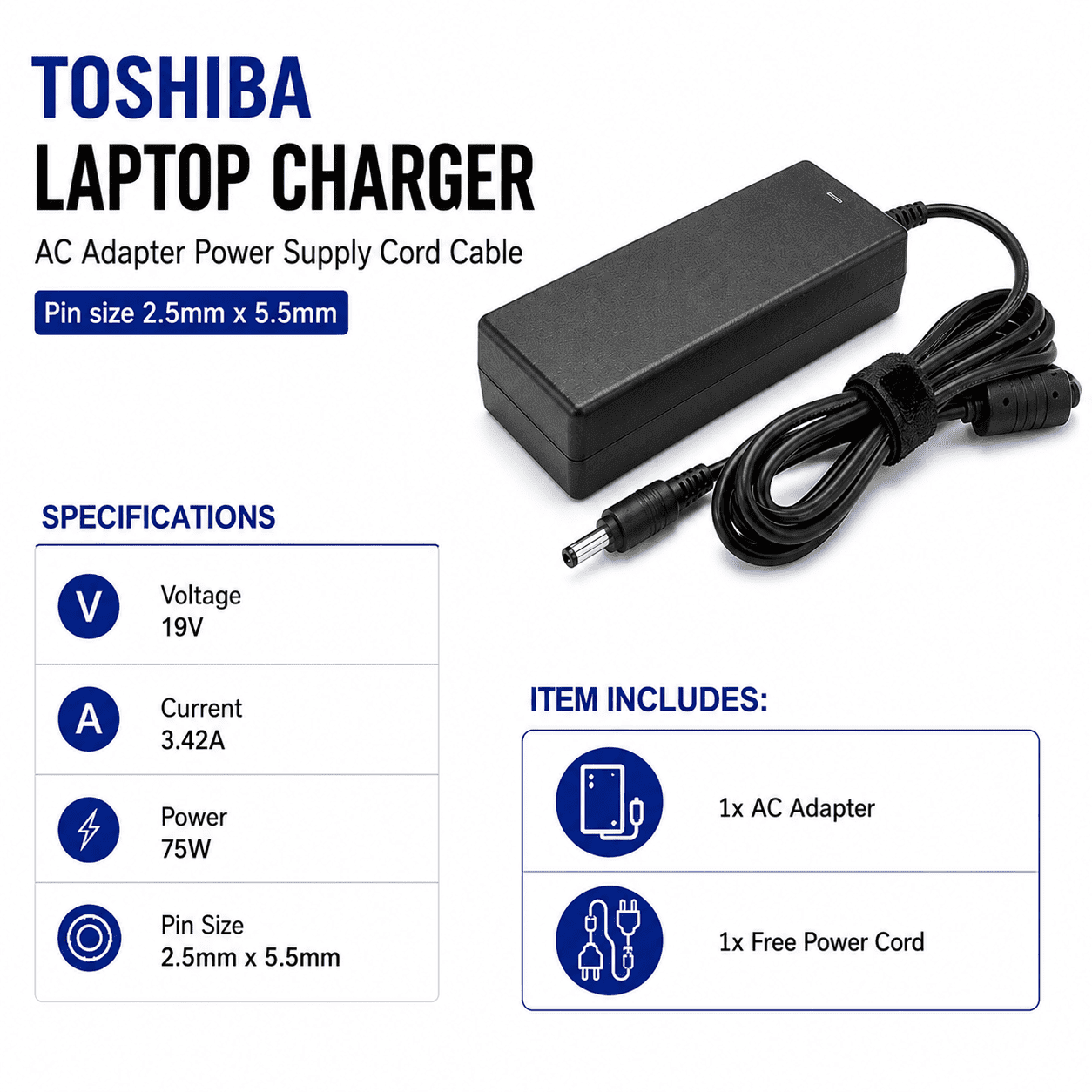 Toshiba 19V (3.42A – 2.5) Laptop Replacement Charger - Image 2