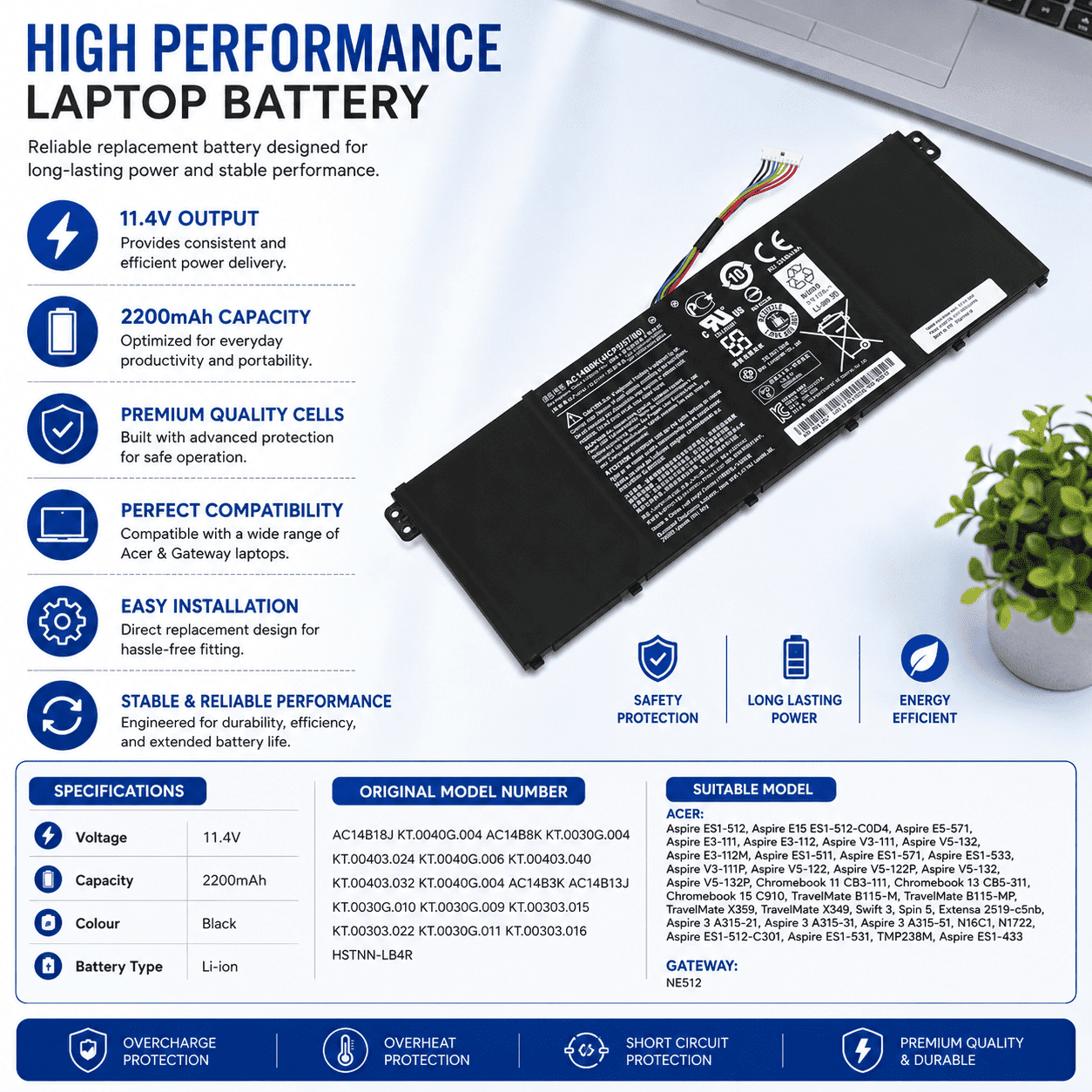 Acer Aspire Laptop Battery - (AC14B18J, AC14B13J, AC14B13J) - Image 2