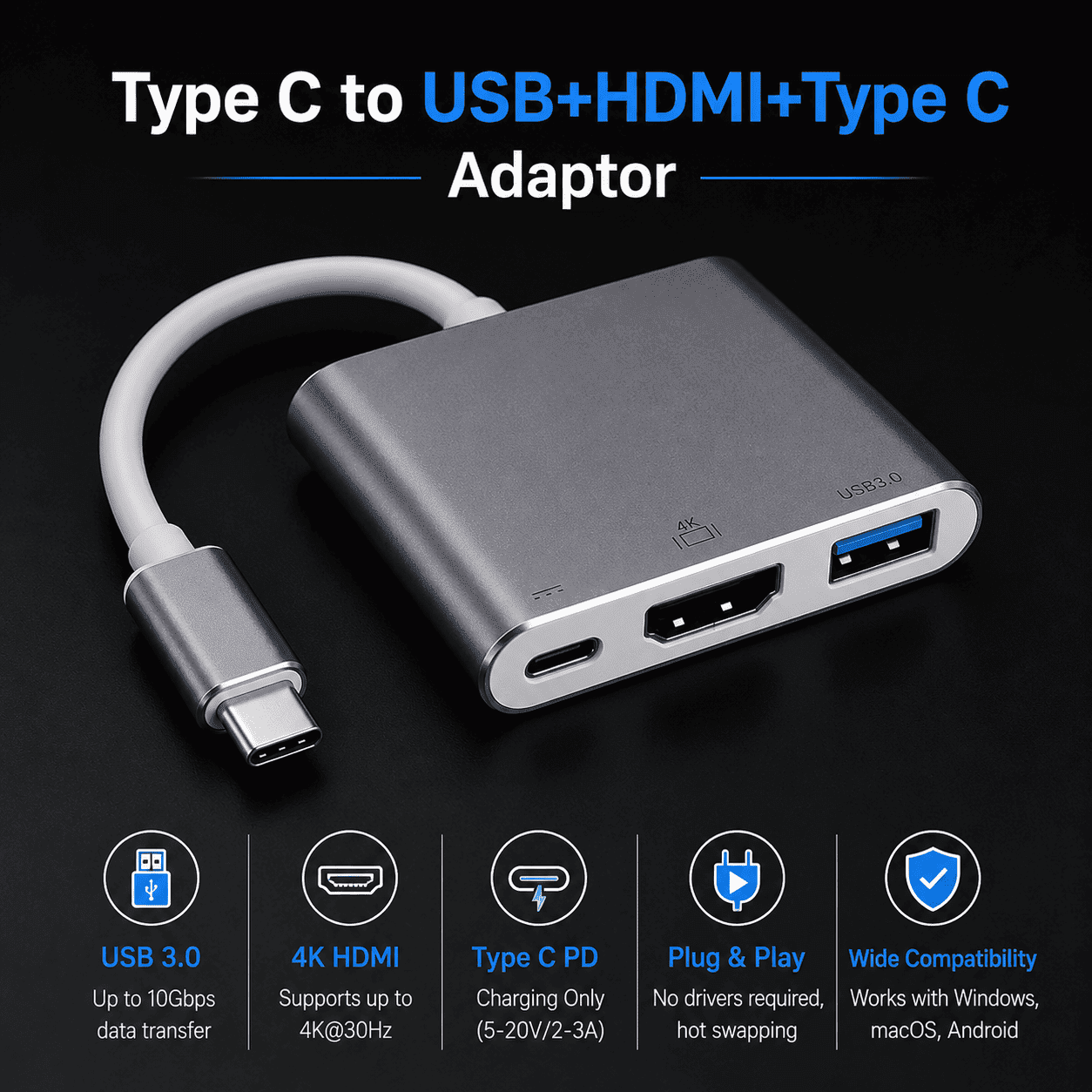 Type C to USB+HDMI+Type C Adaptor - Image 2